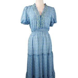 New Max Studio Maxi Dress Medium  Summer Blouson Tiered Chifon Blue NWT